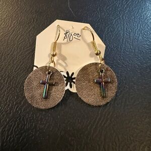 Round Leather Earrings with Cross Charm